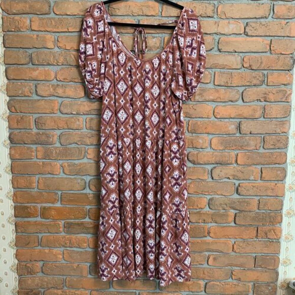 Knox Rose Women's Boho Geometric Print Tiered Puff Sleeve Midi Dress Pink - M